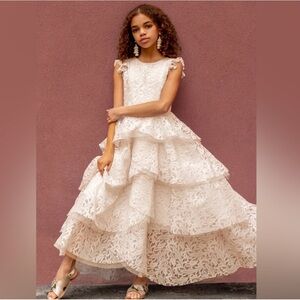Joyfolie Azalea Lace Tiered Full Length Dress in Cream NWT